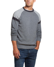 Color Block Raglan Sleeve Crew In Concrete Denim worn by a man, showcasing a sporty design with gray tones.