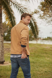 Cotton Twill Stretch Work Jacket In Chipmunk worn outdoors, showcasing modern design and relaxed fit.