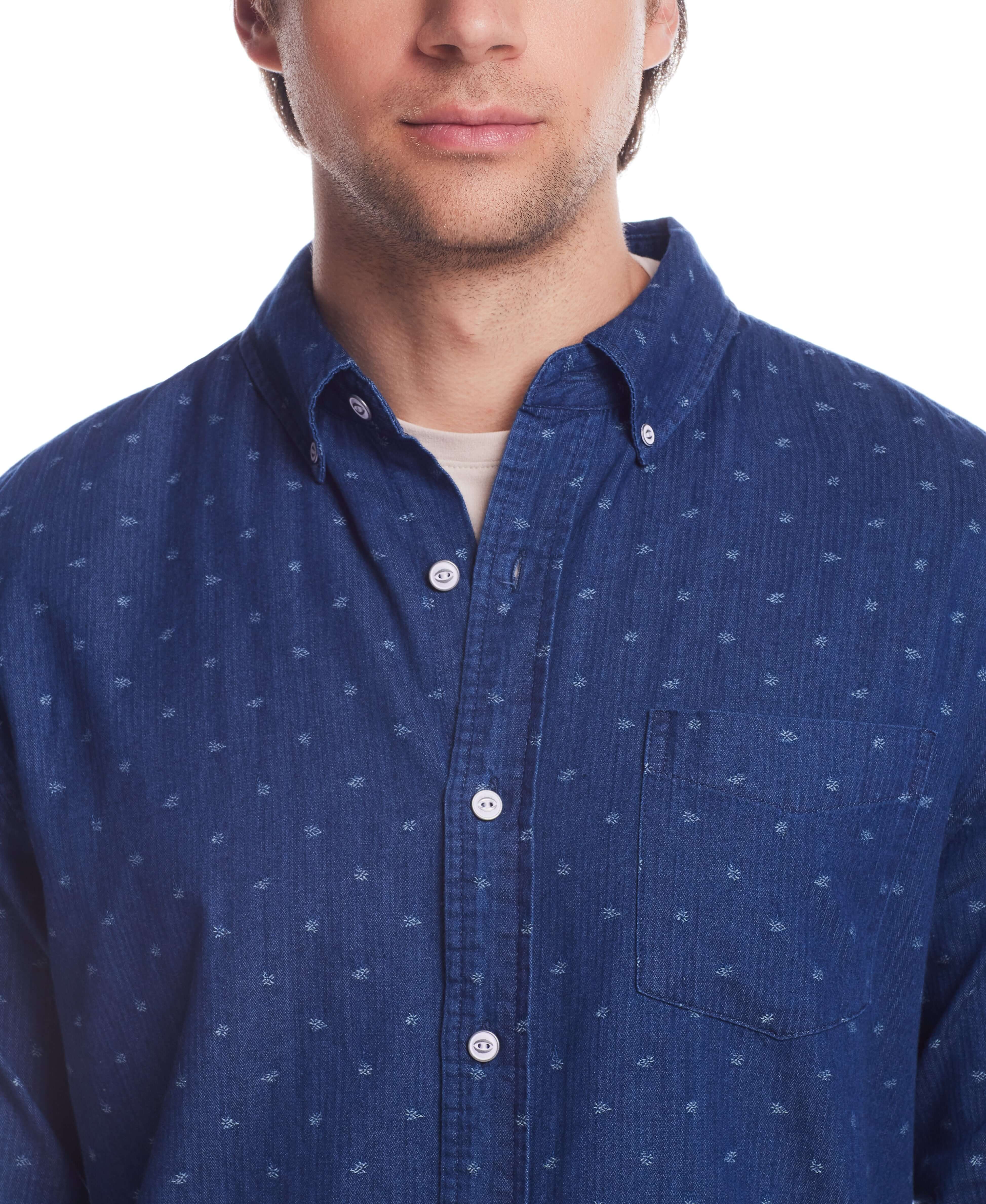 Men's denim dobby shirt in blue nights with floral print, button-down collar, and chest pocket.