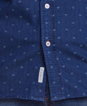 Blue nights denim dobby shirt featuring button closure and floral print detail from Weatherproof Vintage.