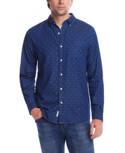 Men's Denim Dobby Shirt in Blue Nights with floral print, button-down collar, and chest pocket, styled for a classic fit.