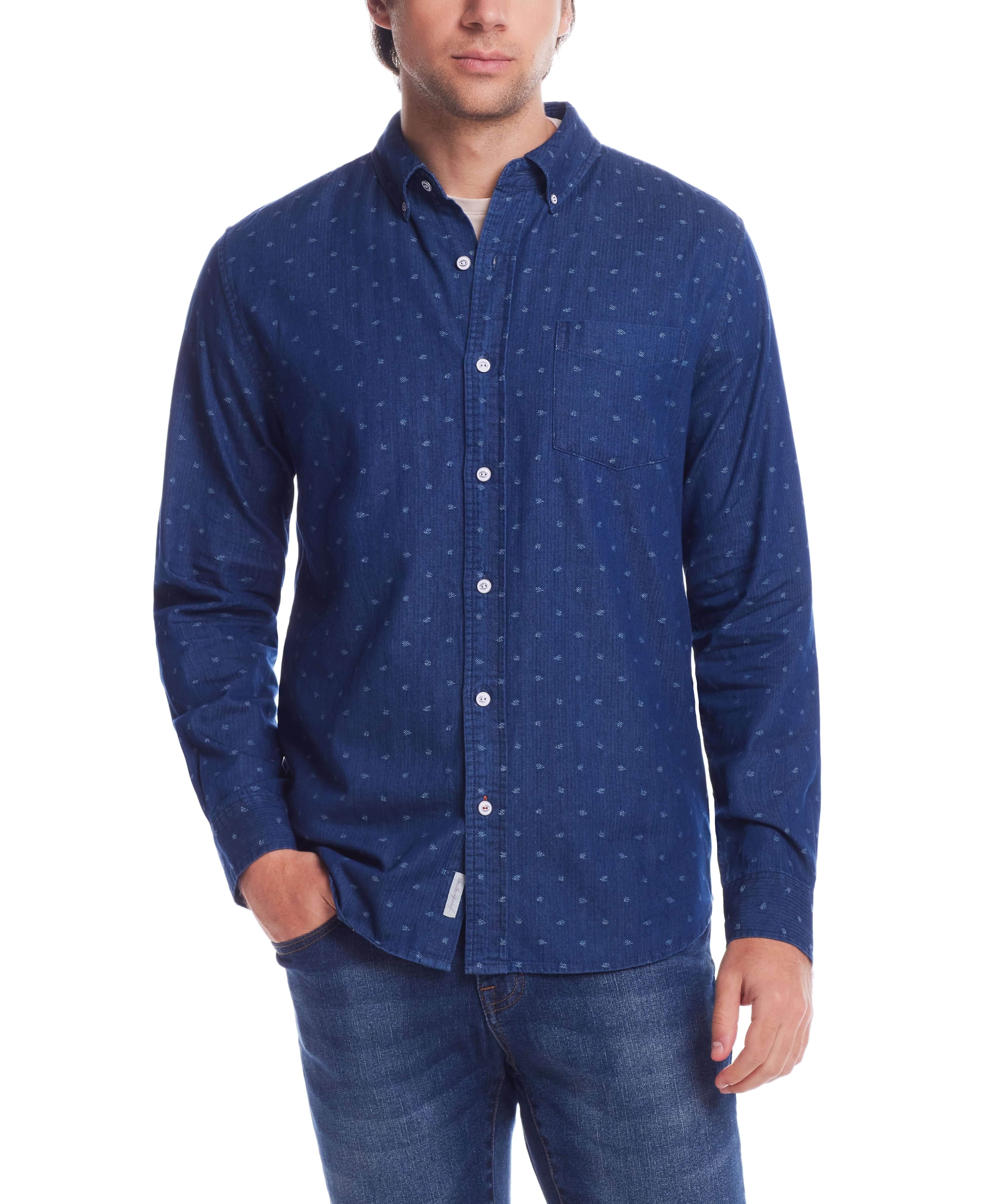 Men's Denim Dobby Shirt in Blue Nights with floral print, button-down collar, and chest pocket, styled for a classic fit.