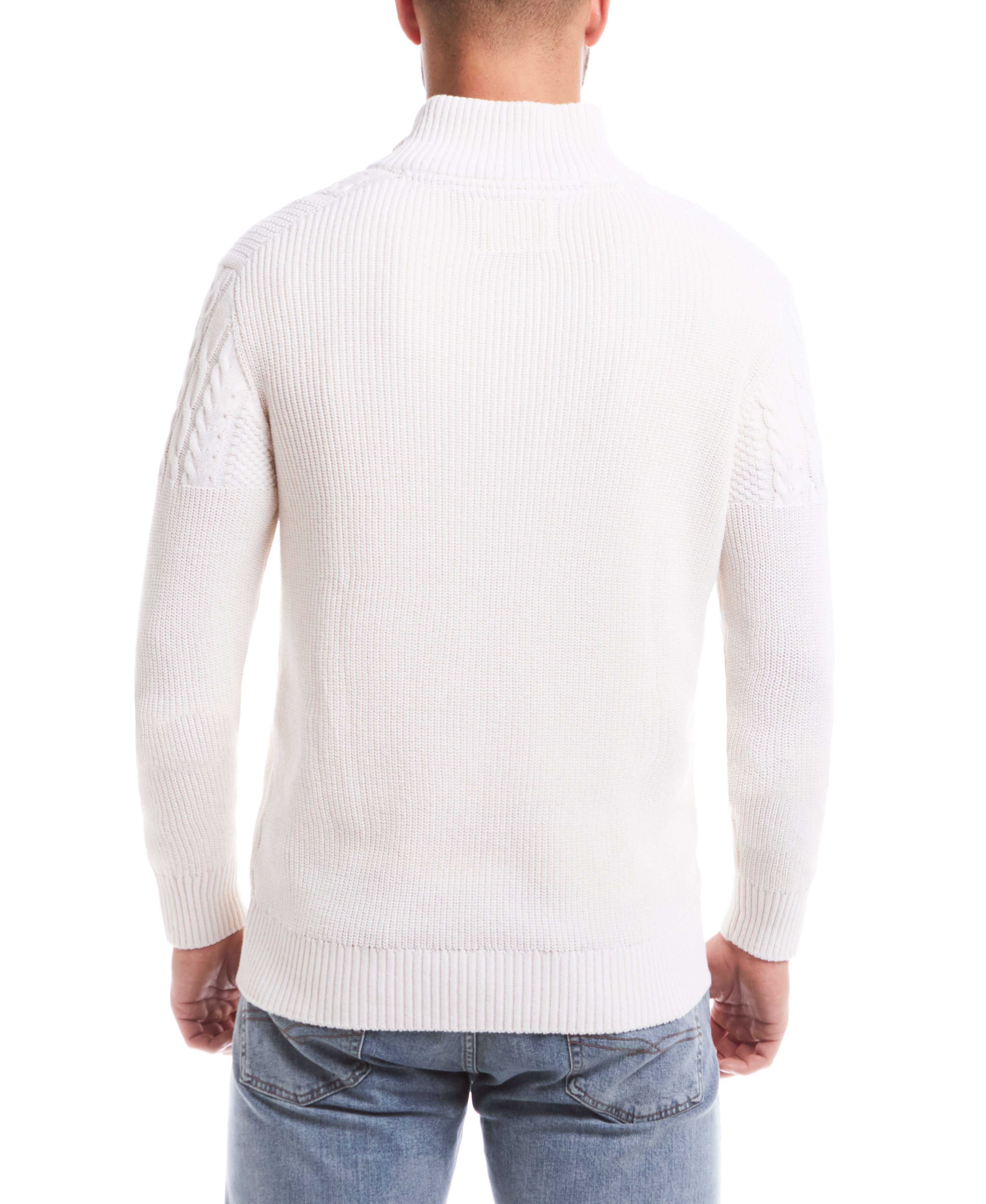 Back view of Holiday Cable Yoke Quarter Zip Sweater in Ecru, showcasing rib trims and Aran cable details.