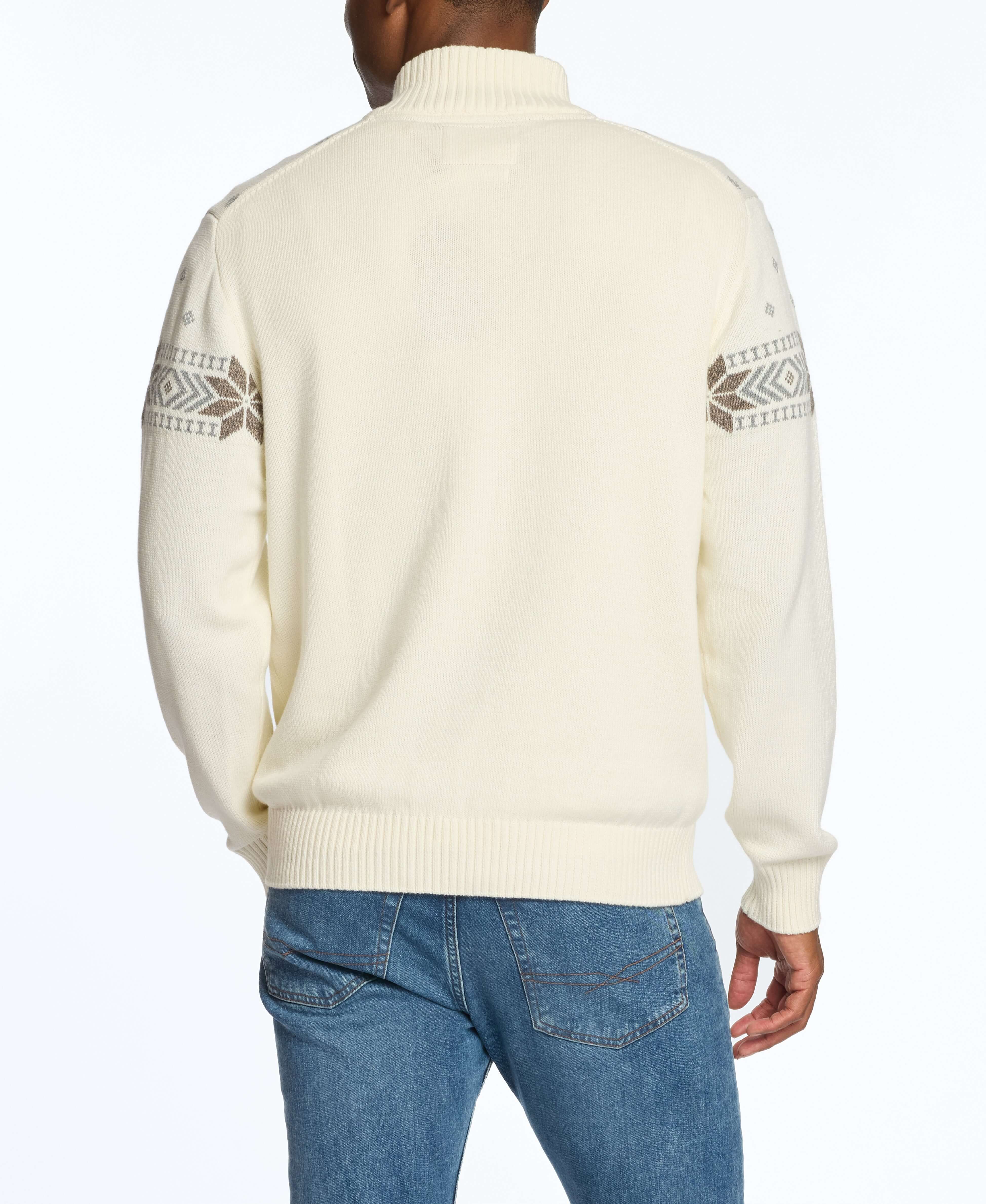 Back view of Holiday Snowflake Quarter Zip Sweater in Vanilla, showcasing neutral tones and stylish design.