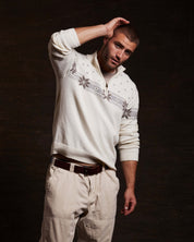 Holiday Snowflake Quarter Zip Sweater in Vanilla, styled for comfort and warmth during the holiday season.