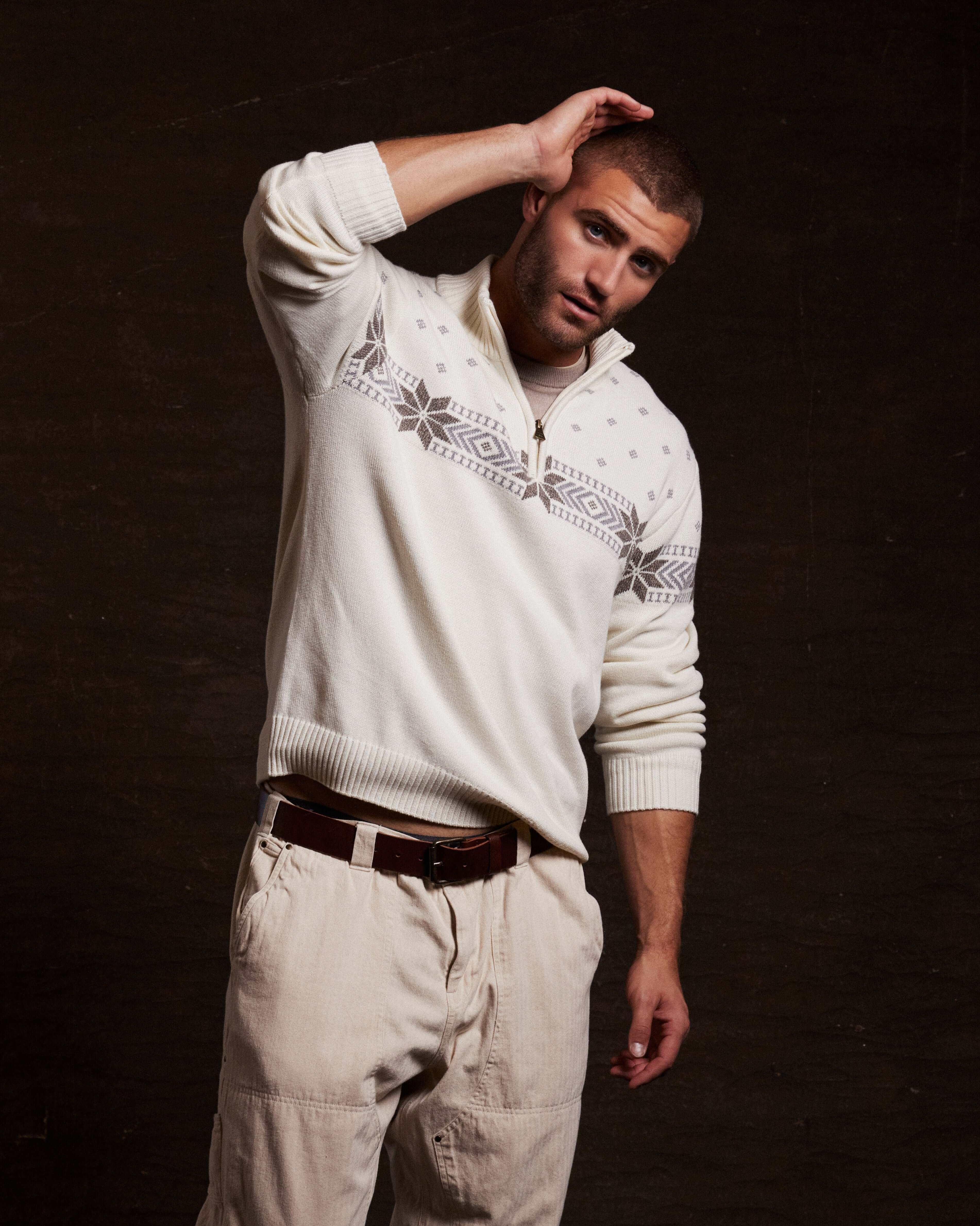 Holiday Snowflake Quarter Zip Sweater in Vanilla, styled for comfort and warmth during the holiday season.