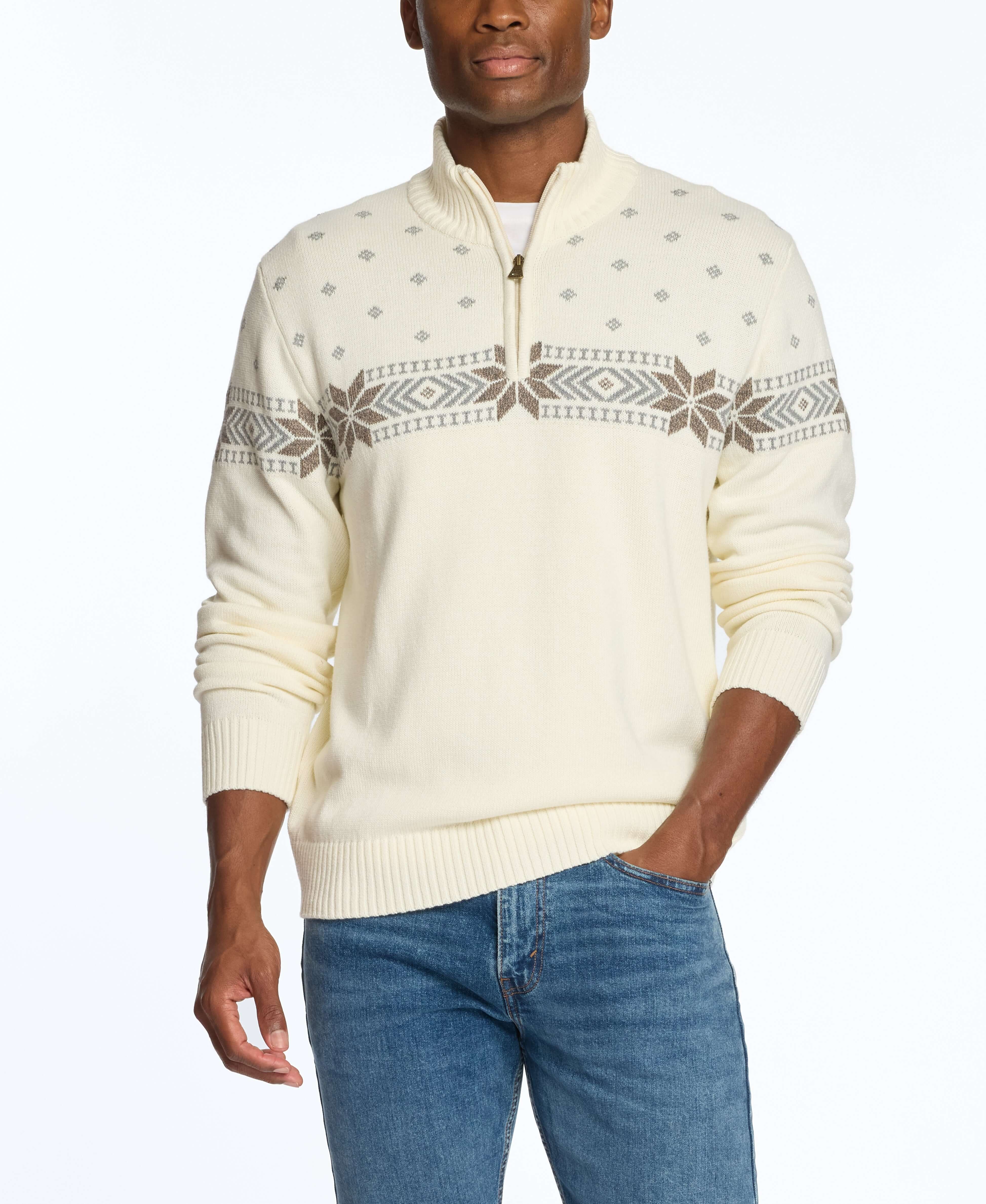 Holiday Snowflake Quarter Zip Sweater in vanilla with neutral patterns, perfect for stylish layering this season.
