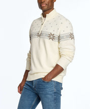 Holiday Snowflake Quarter Zip Sweater in Vanilla, soft cotton, stylish layering, festive design, model wearing size Medium.