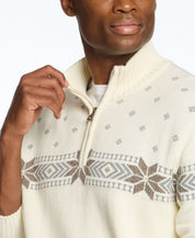 Close-up of man in Holiday Snowflake Quarter Zip Sweater in Vanilla, showcasing soft cotton fabric and stylish design.
