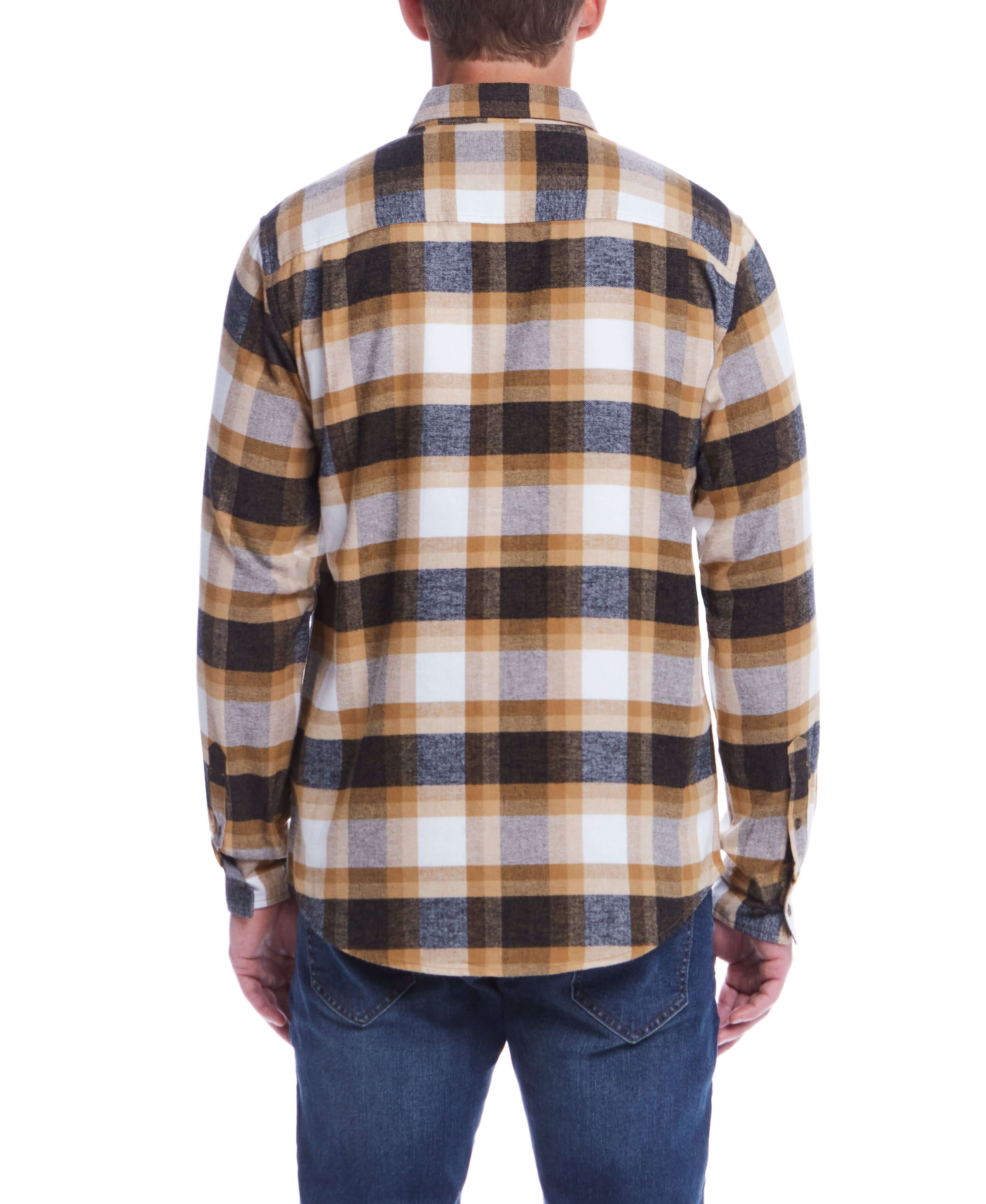 Back view of long sleeve brushed flannel shirt in antelope plaid pattern, showcasing its rugged style.