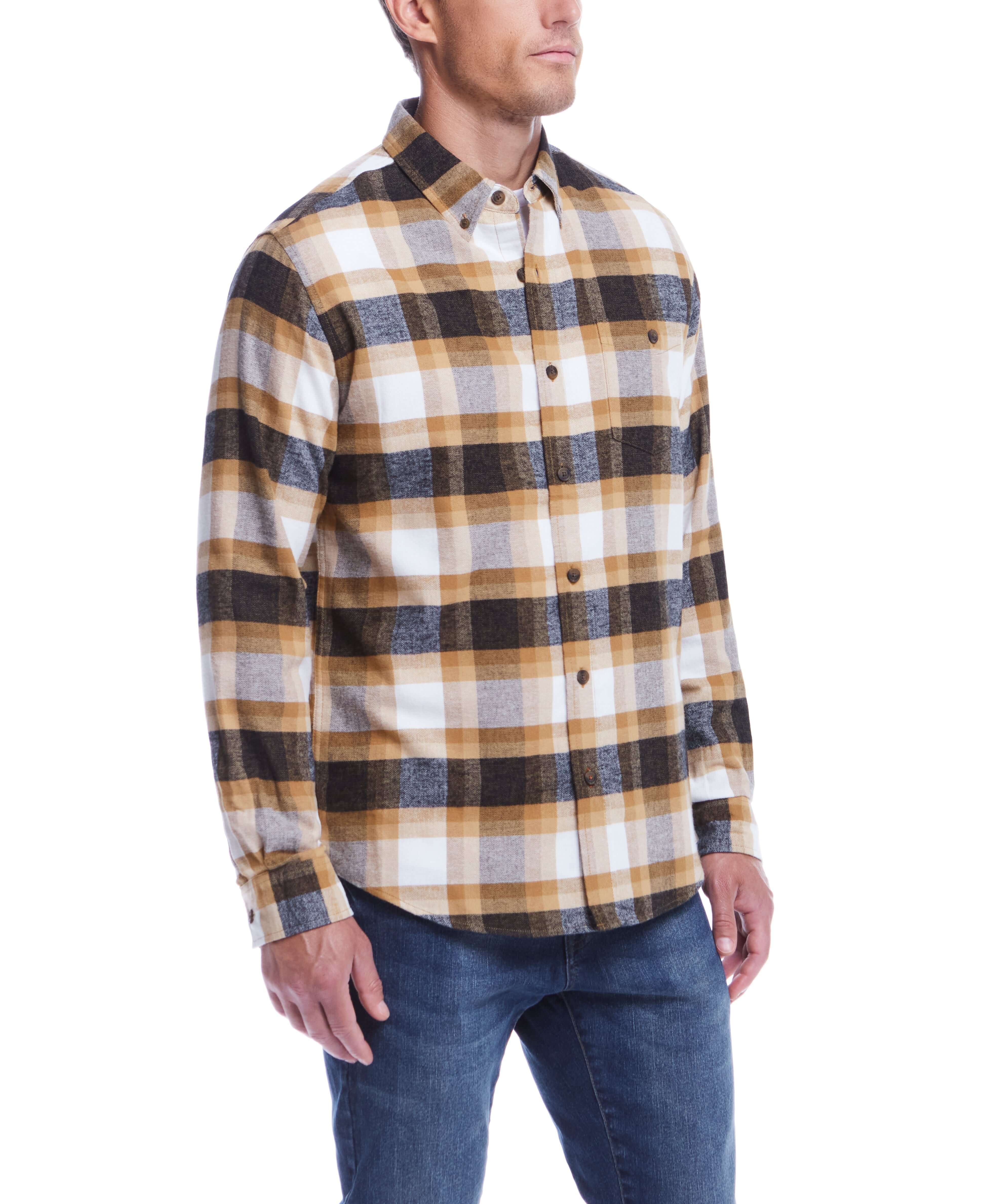 Man wearing a long sleeve brushed flannel shirt in antelope with a plaid pattern, ideal for layering and a classic look.