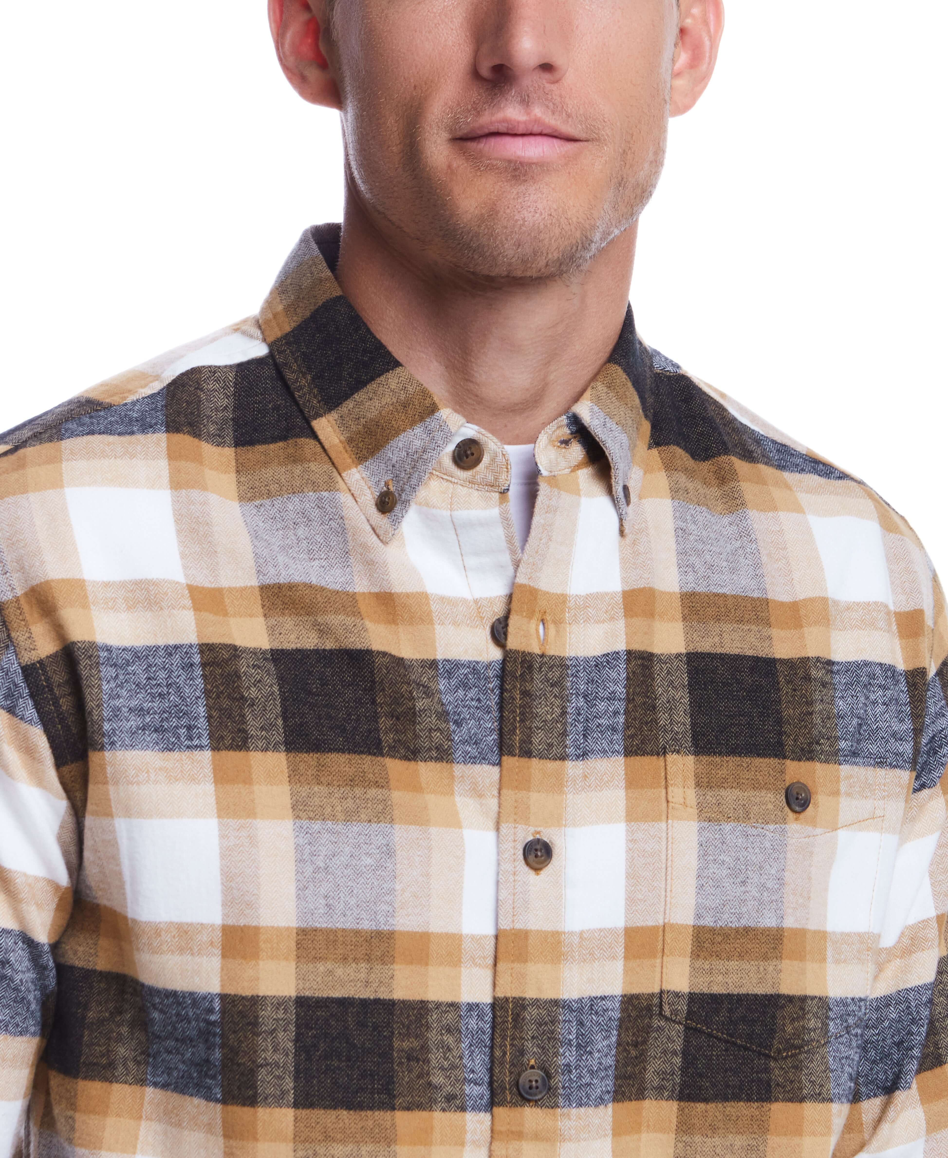 Man wearing Long Sleeve Brushed Flannel shirt in Antelope with a plaid pattern and button-down collar.