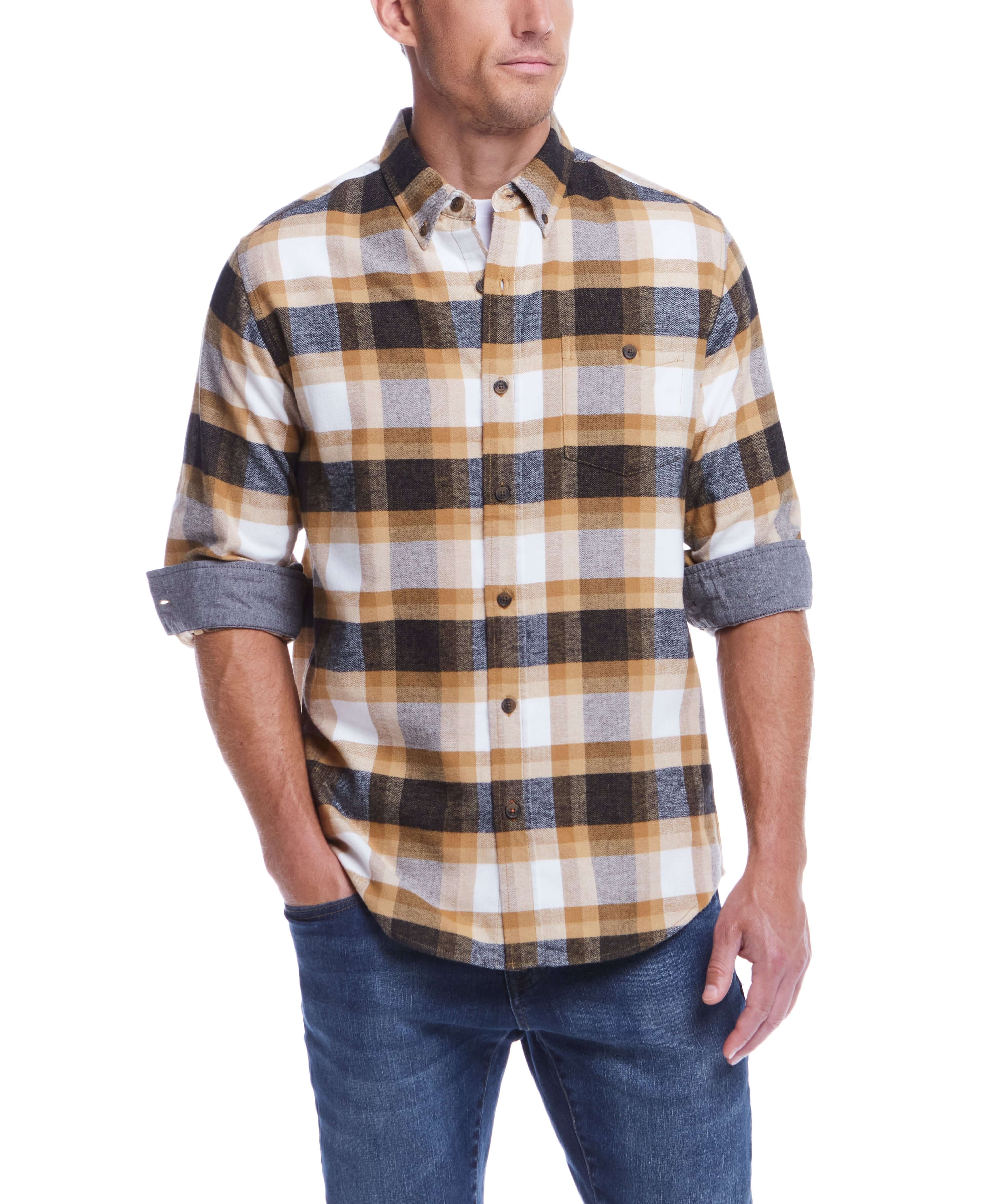 Men's long sleeve brushed flannel shirt in antelope with brown and beige plaid pattern, featuring button-down collar.