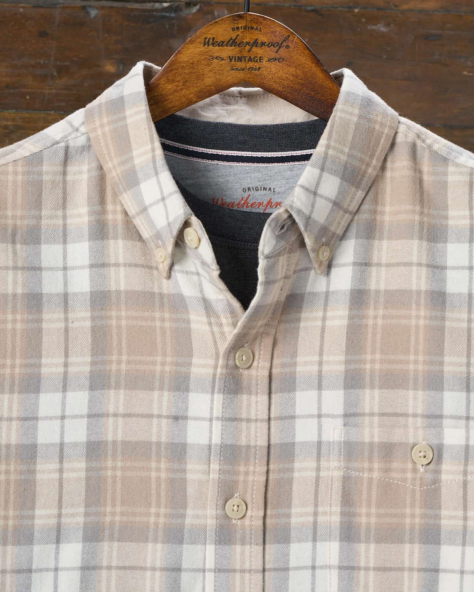 Long Sleeve Brushed Flannel in Beige featuring a button-down collar and plaid design.
