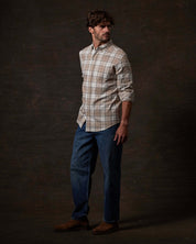 Long Sleeve Brushed Flannel in Beige worn by male model, showcasing a classic fit and rustic style.