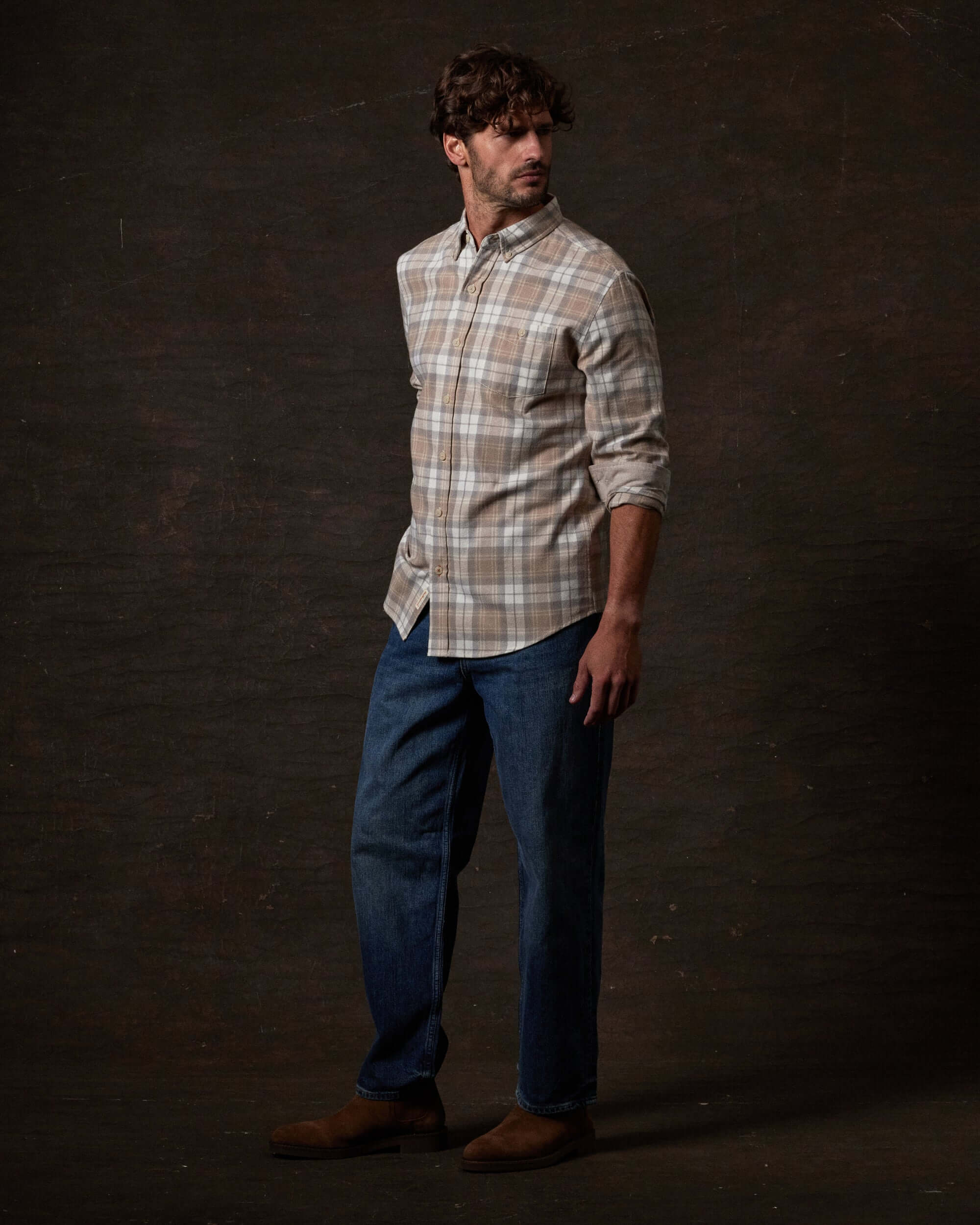 Long Sleeve Brushed Flannel in Beige worn by male model, showcasing a classic fit and rustic style.