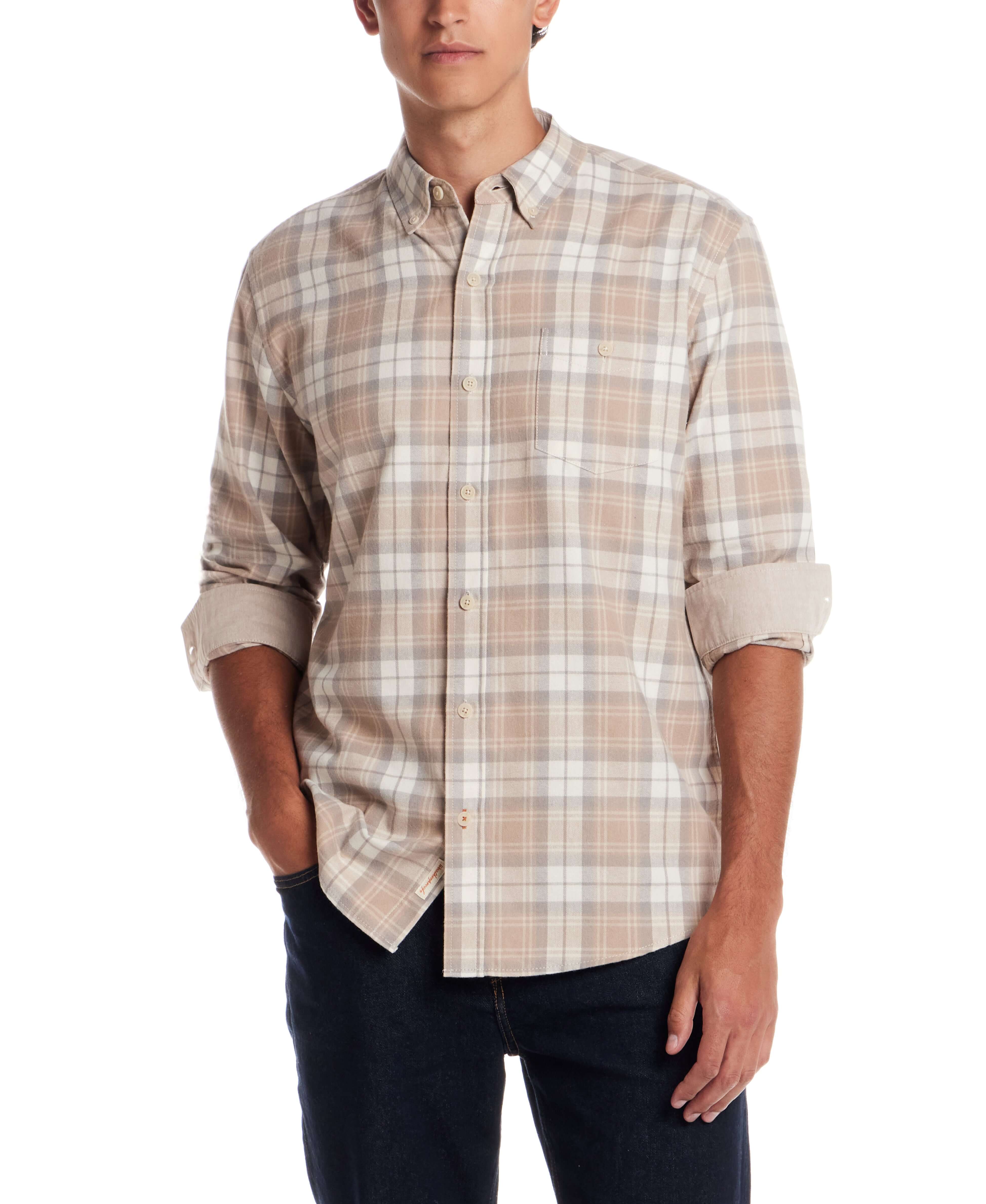 Long Sleeve Brushed Flannel in Beige worn by a model, showcasing its classic fit and soft texture.