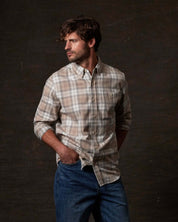 Long Sleeve Brushed Flannel in Beige worn by model, showcasing classic cut and soft cotton blend fabric.