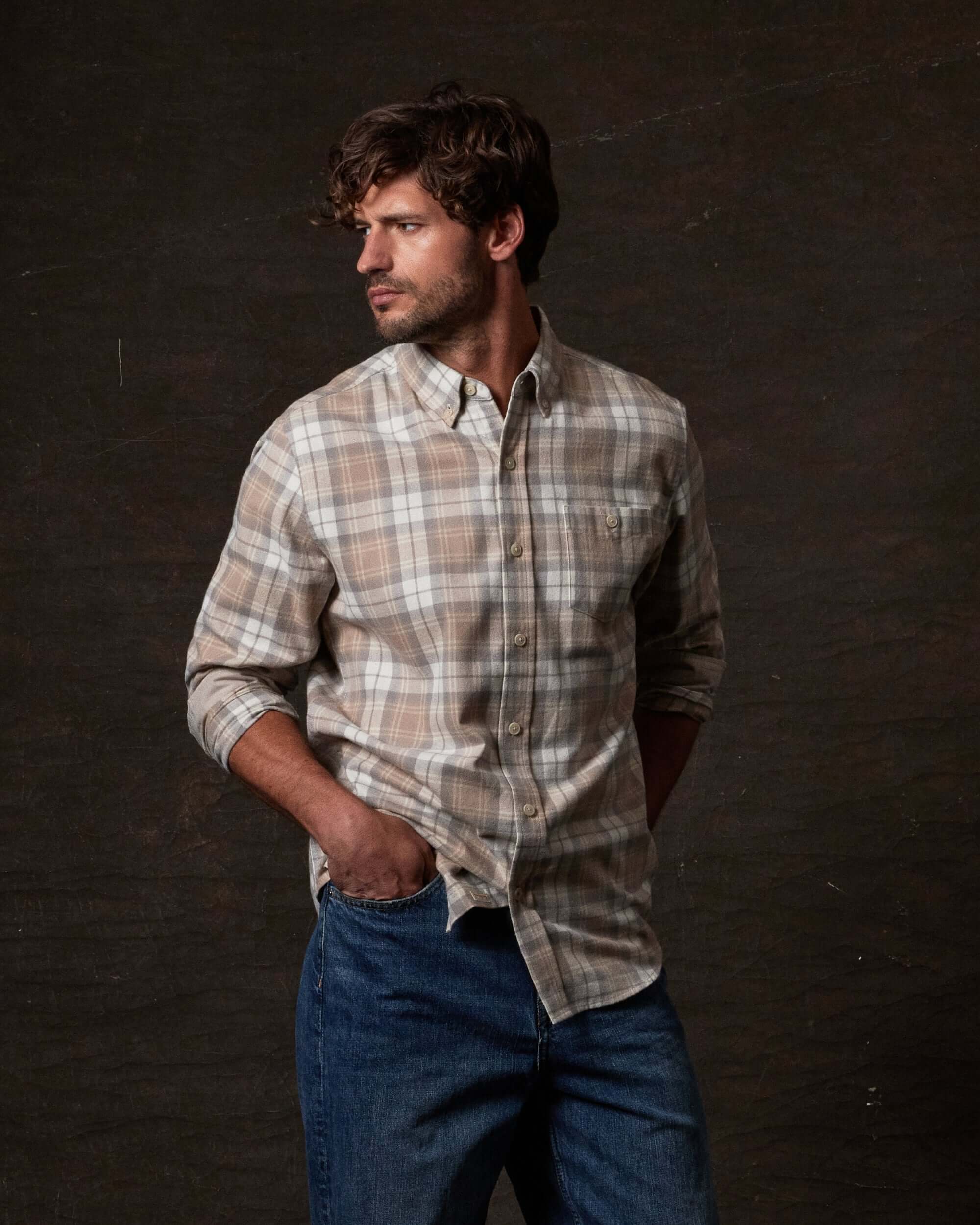 Long Sleeve Brushed Flannel in Beige worn by model, showcasing classic cut and soft cotton blend fabric.