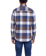 Back view of rugged long sleeve brushed flannel shirt in blue and plaid pattern, perfect for layering.