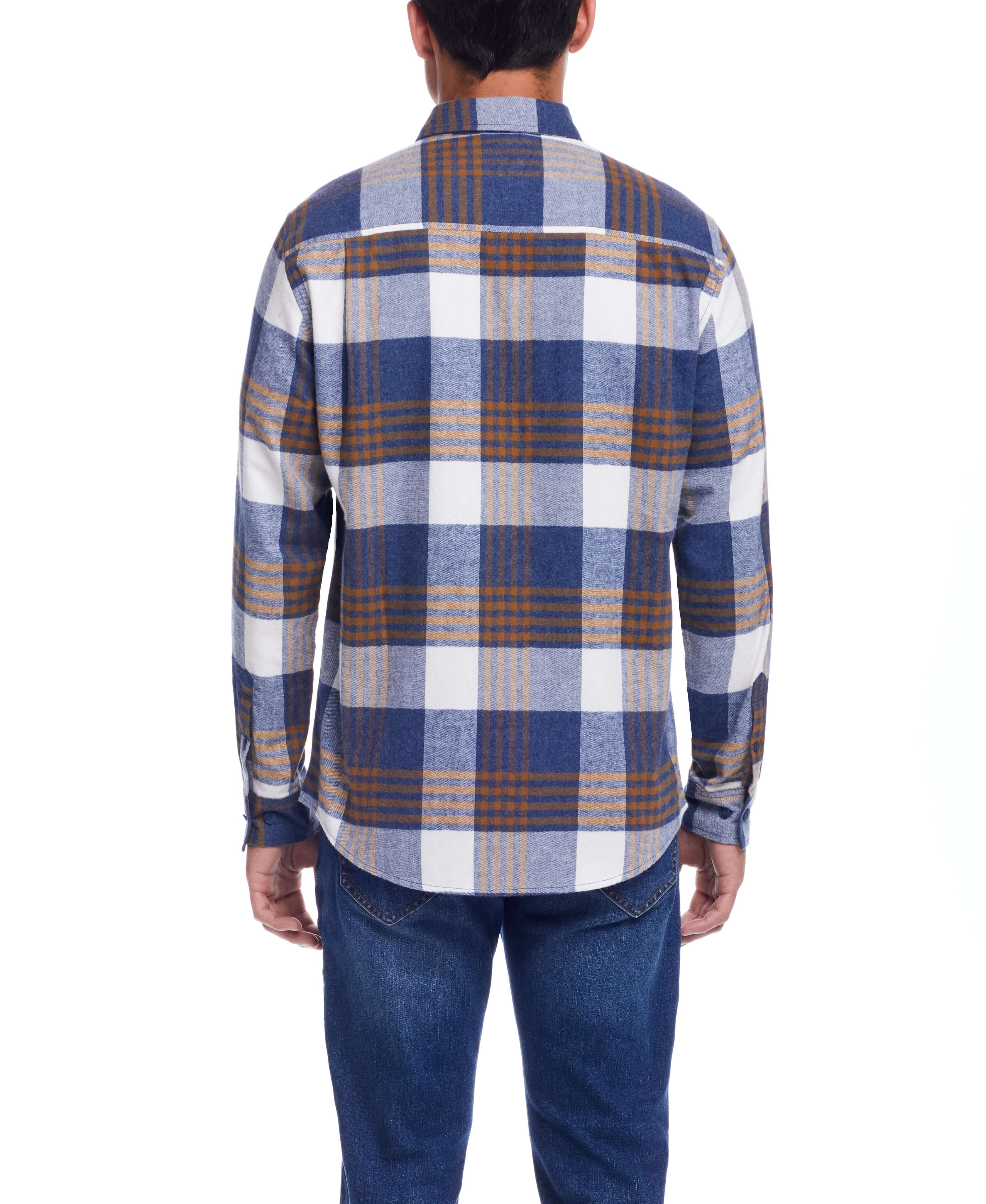 Back view of rugged long sleeve brushed flannel shirt in blue and plaid pattern, perfect for layering.