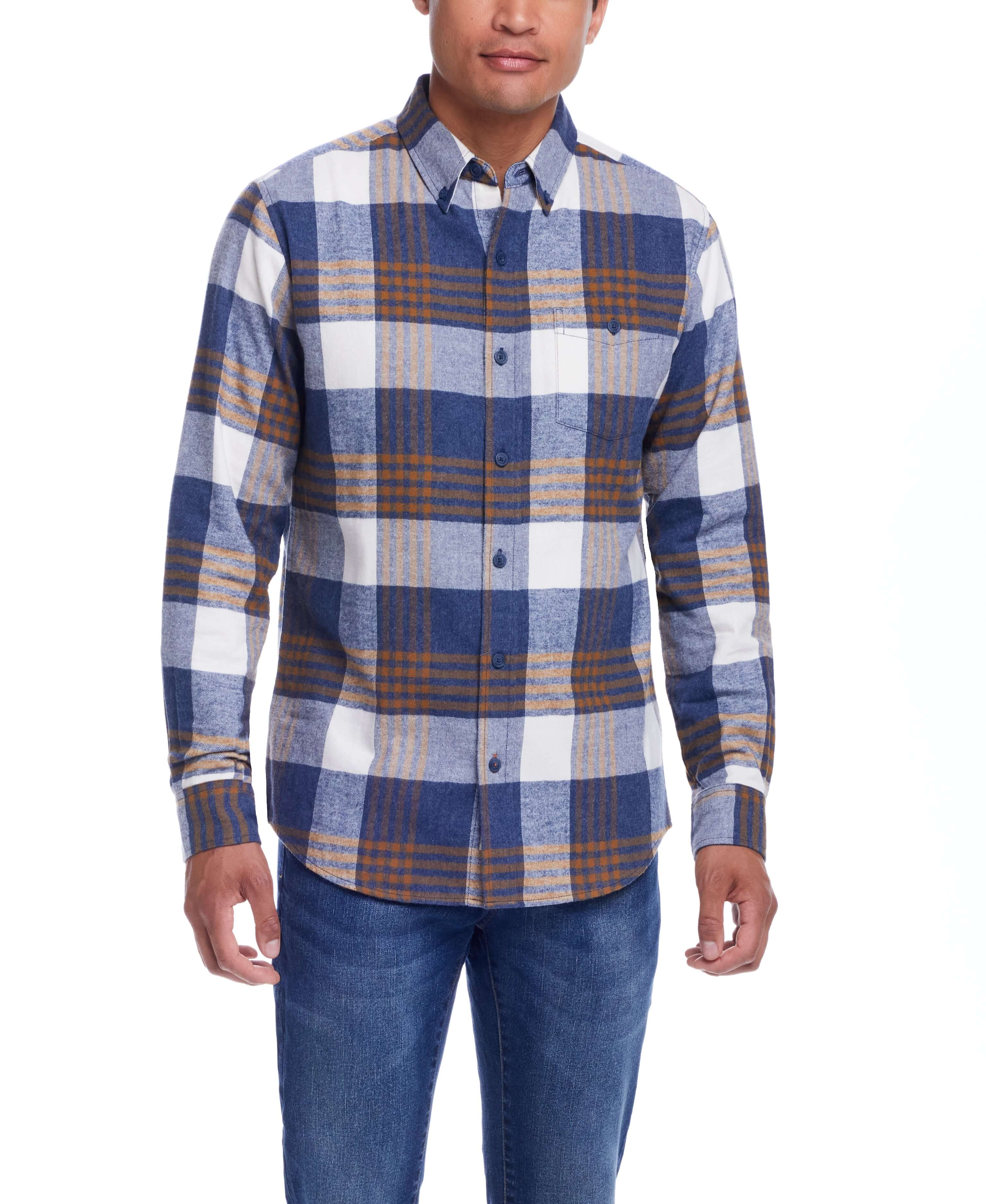 Men's Long Sleeve Brushed Flannel Shirt in Blue with plaid pattern, featuring button-down collar and breast pocket.