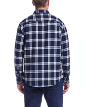 Back view of a man wearing a long sleeve blue plaid flannel shirt, showcasing its classic and rugged design.