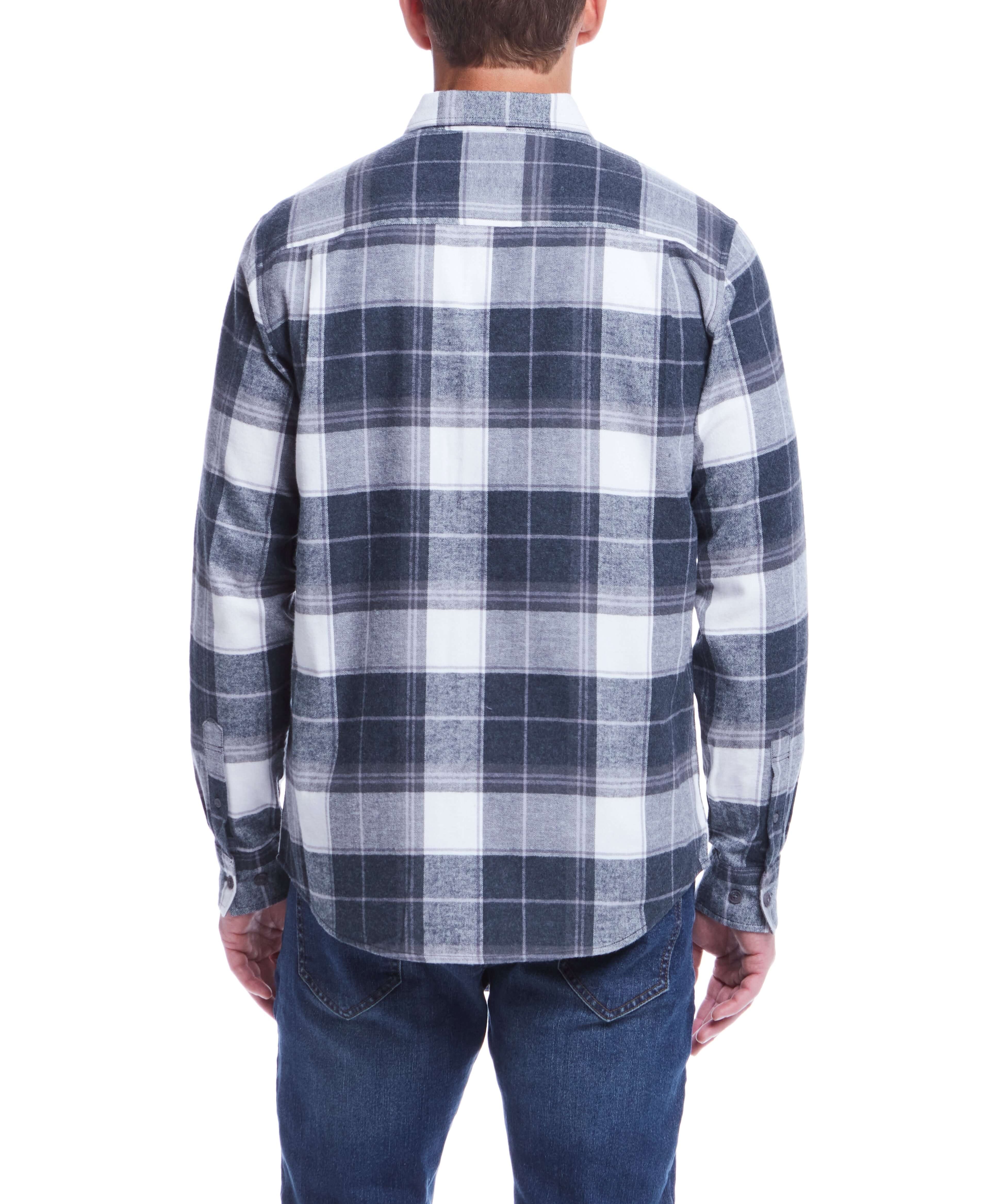 Back view of a man wearing the Long Sleeve Brushed Flannel in Lava Smoke with a large plaid pattern.
