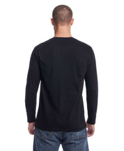Back view of a man wearing a long sleeve brushed jersey henley in black, showcasing its stylish and comfortable fit.