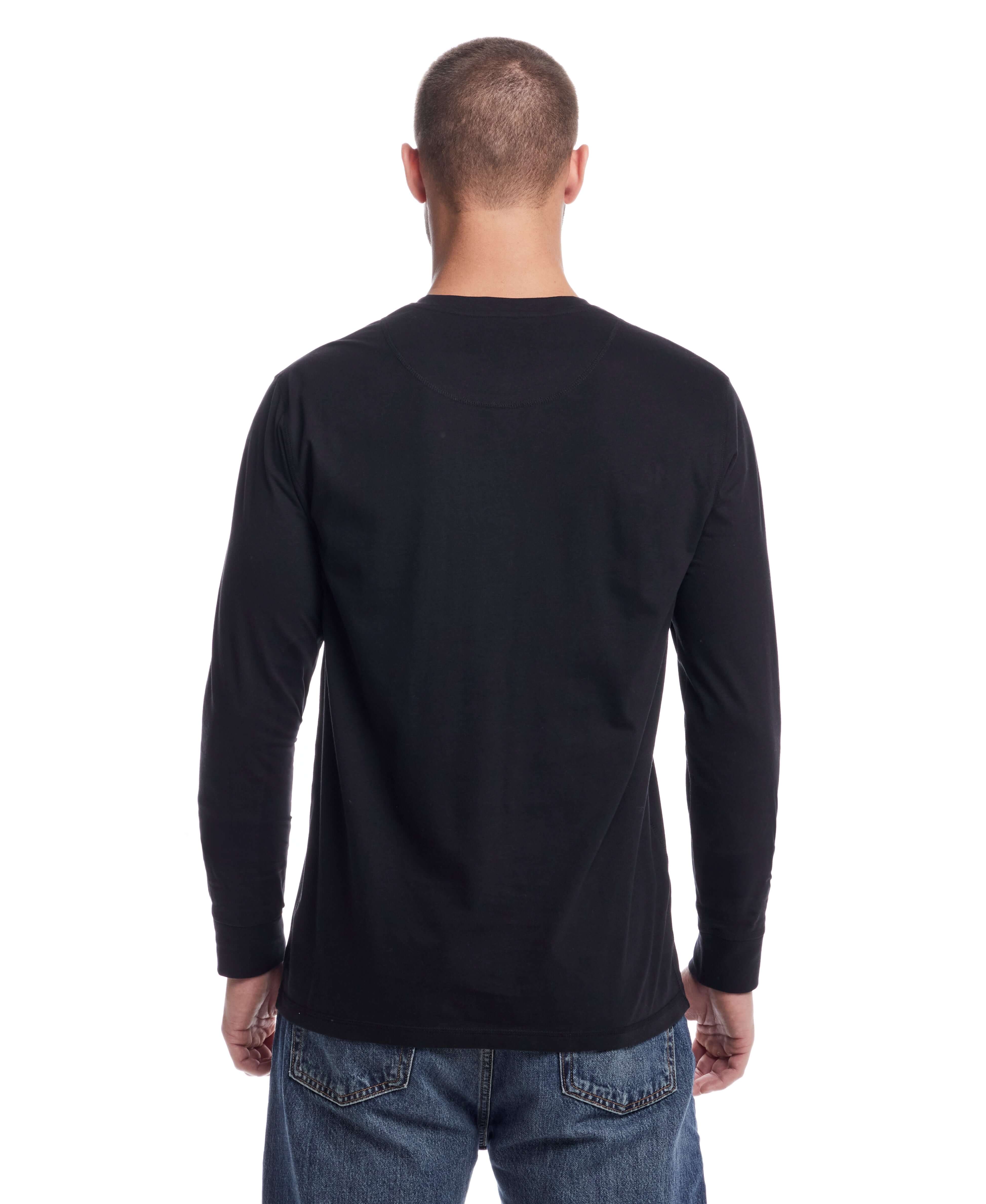 Back view of a man wearing a long sleeve brushed jersey henley in black, showcasing its stylish and comfortable fit.