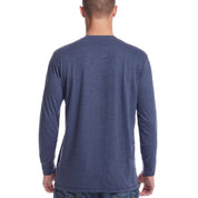 Back view of a man wearing a long sleeve brushed jersey henley in maritime blue, showcasing its soft fabric and relaxed fit.