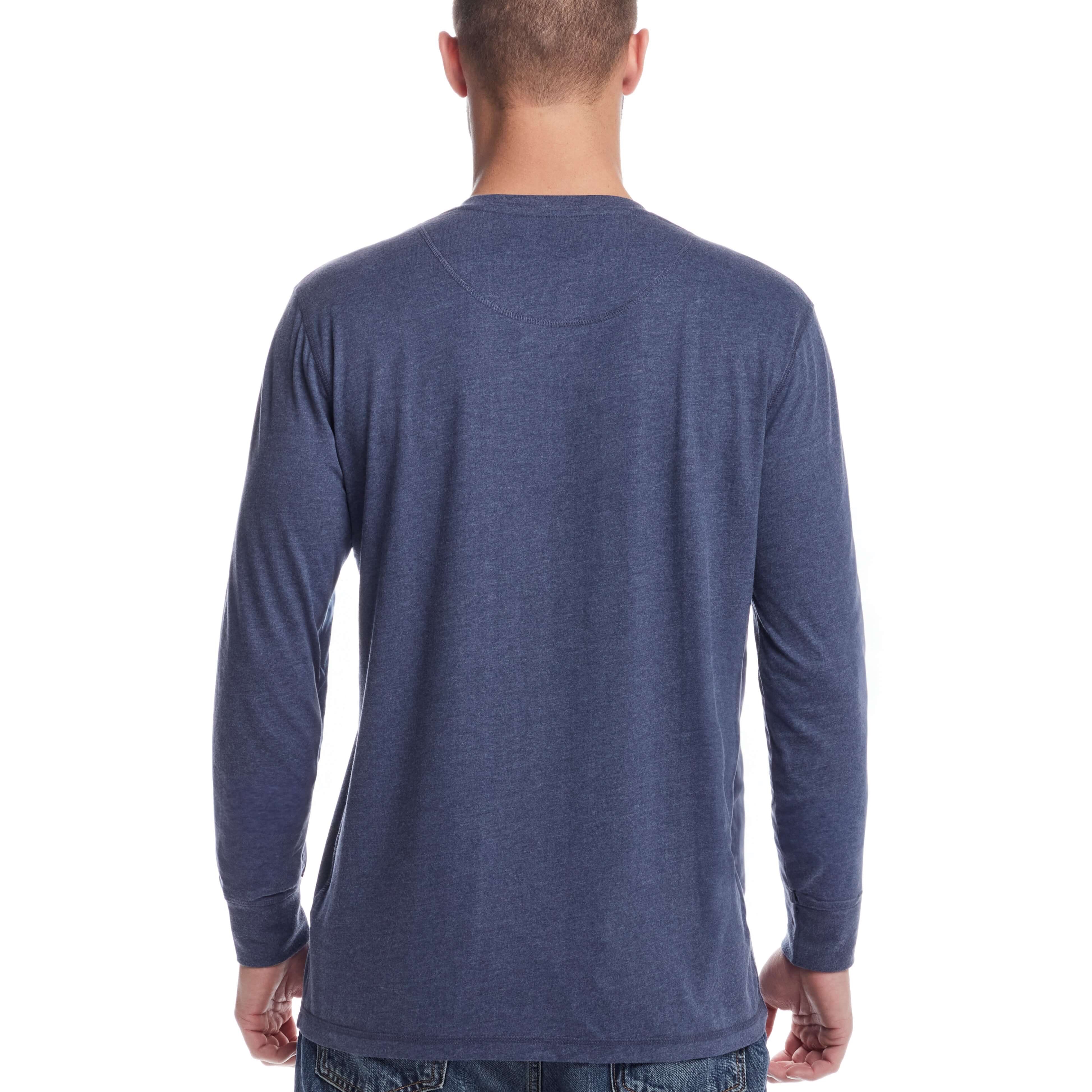 Back view of a man wearing a long sleeve brushed jersey henley in maritime blue, showcasing its soft fabric and relaxed fit.
