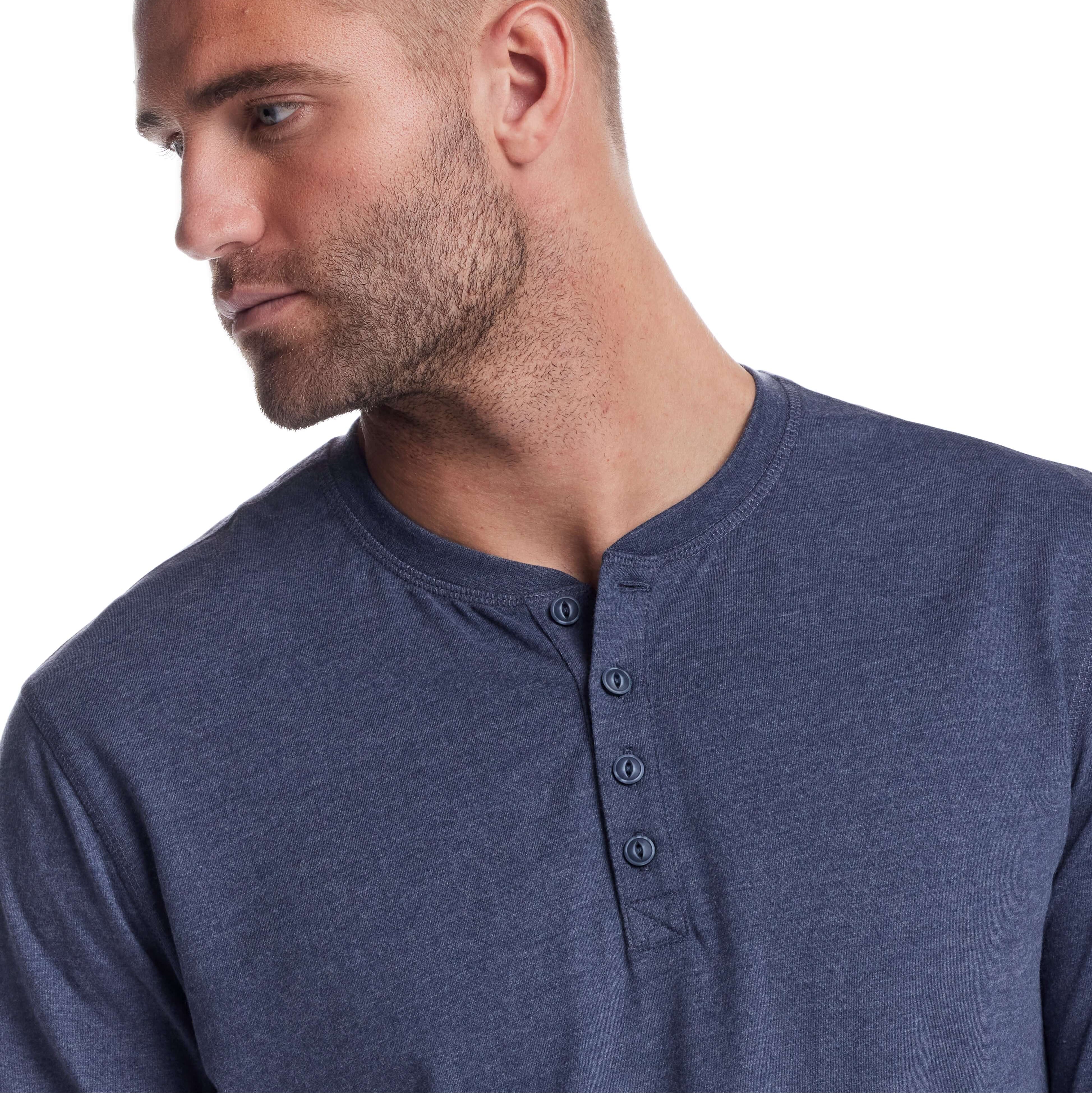 Man in maritime blue long sleeve brushed jersey henley shirt, showcasing a relaxed fit and classic design.
