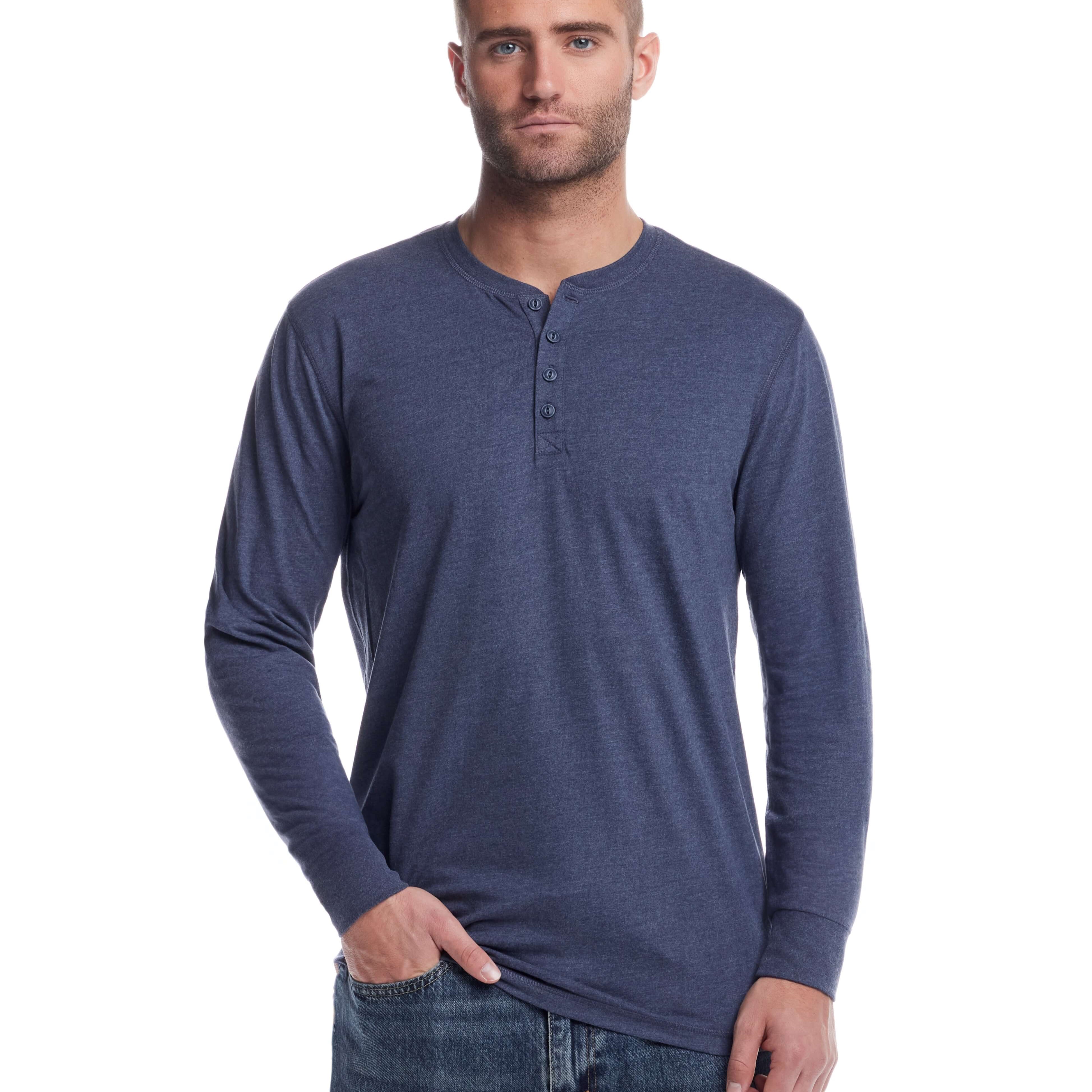 Long sleeve brushed jersey henley in maritime blue on model, showcasing soft fabric and classic style.