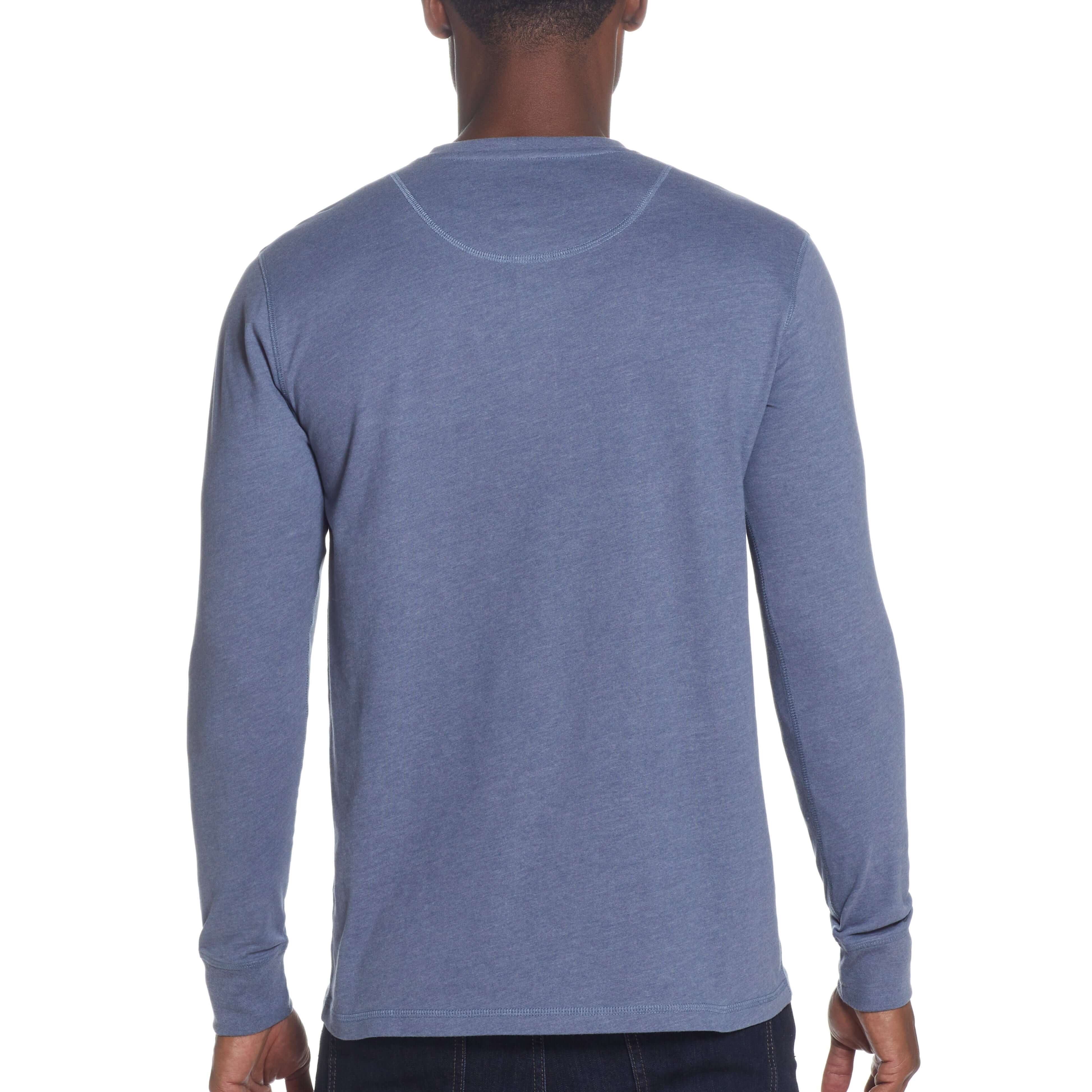 Back view of a medium blue heather long sleeve brushed jersey henley shirt, showcasing its soft fabric and relaxed fit.