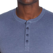 Close-up of Long Sleeve Brushed Jersey Henley in Medium Blue Heather, showcasing buttons and smooth fabric texture.