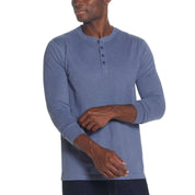 Long sleeve brushed jersey henley in medium blue heather worn by a man, showcasing comfort and style.