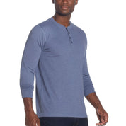 Long sleeve brushed jersey henley in medium blue heather, showcasing smooth fabric and stylish design.
