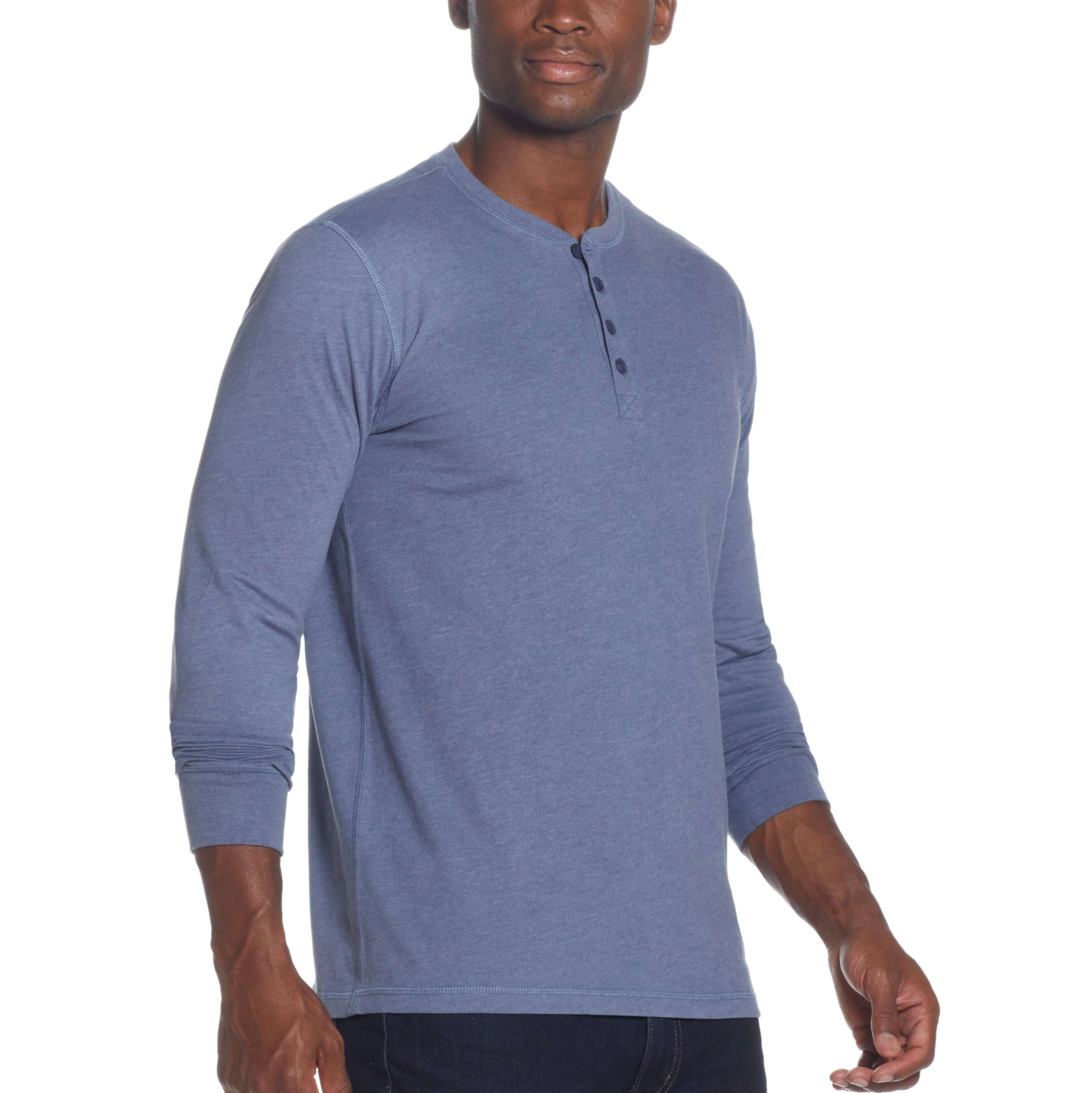 Long sleeve brushed jersey henley in medium blue heather, showcasing smooth fabric and stylish design.