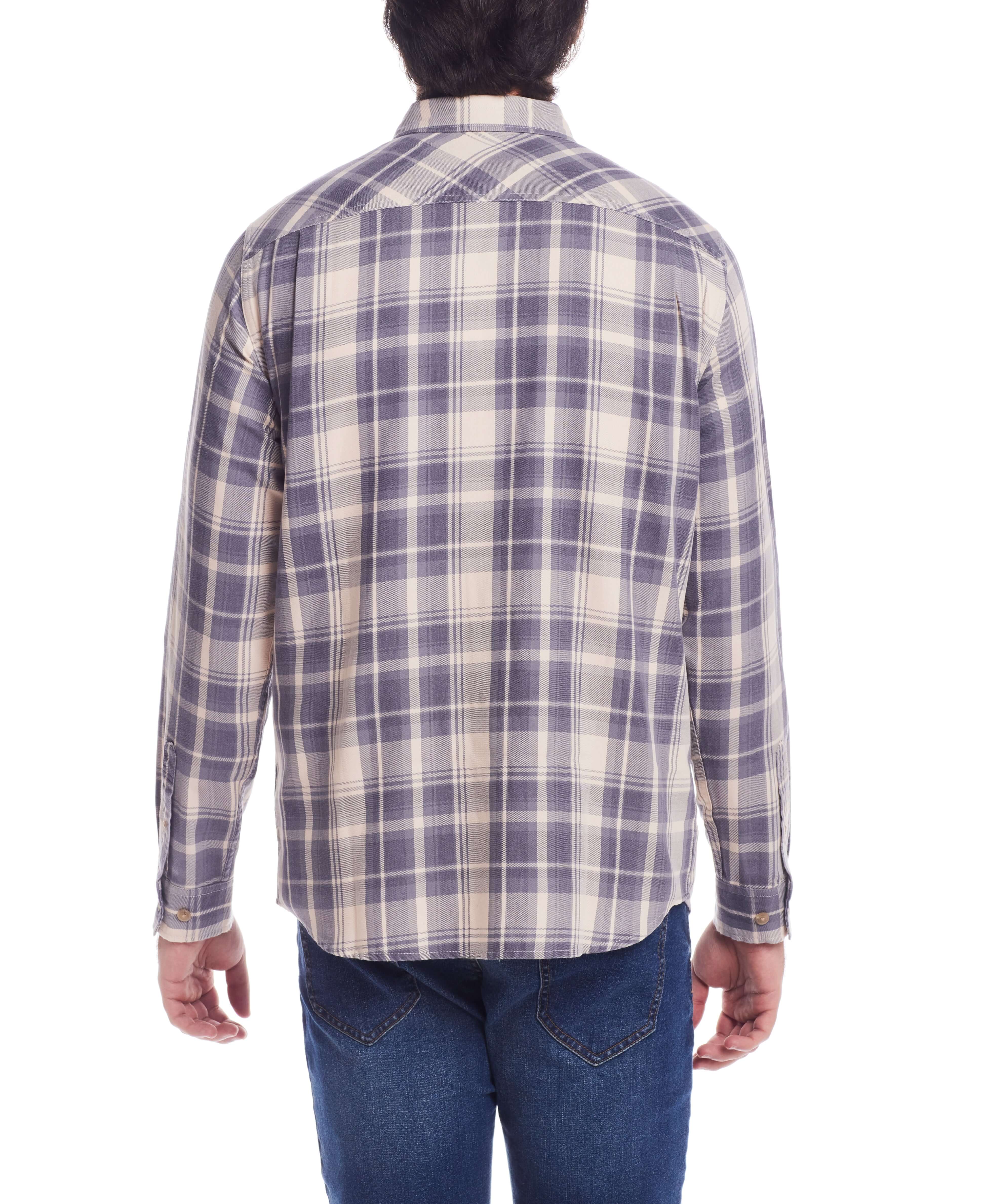 Back view of a man wearing a Long Sleeve Burnout Flannel in Natural with plaid pattern, showcasing a classic fit.