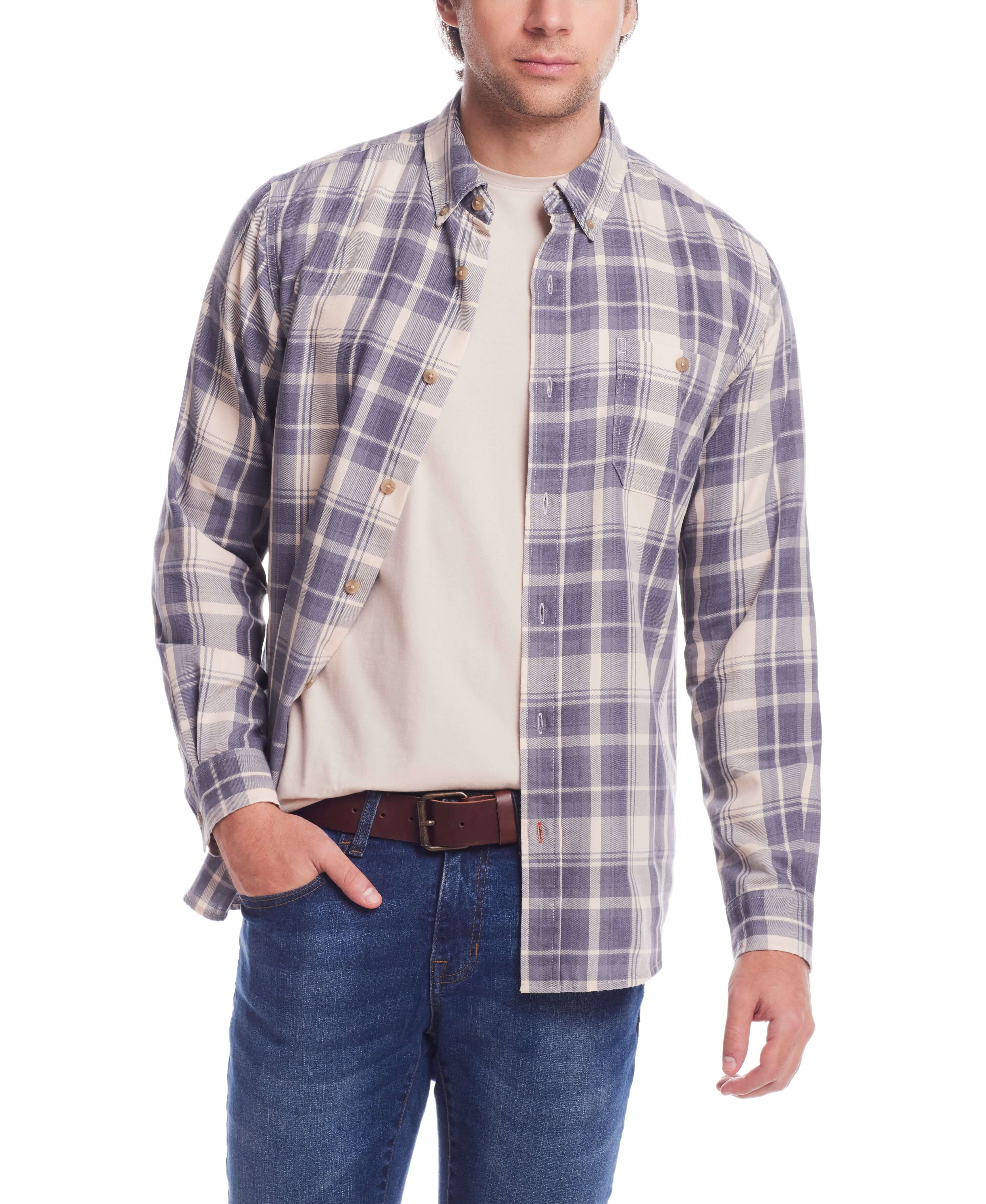 Man wearing a long sleeve burnout flannel shirt in natural plaid, featuring a button-down collar and chest pocket.