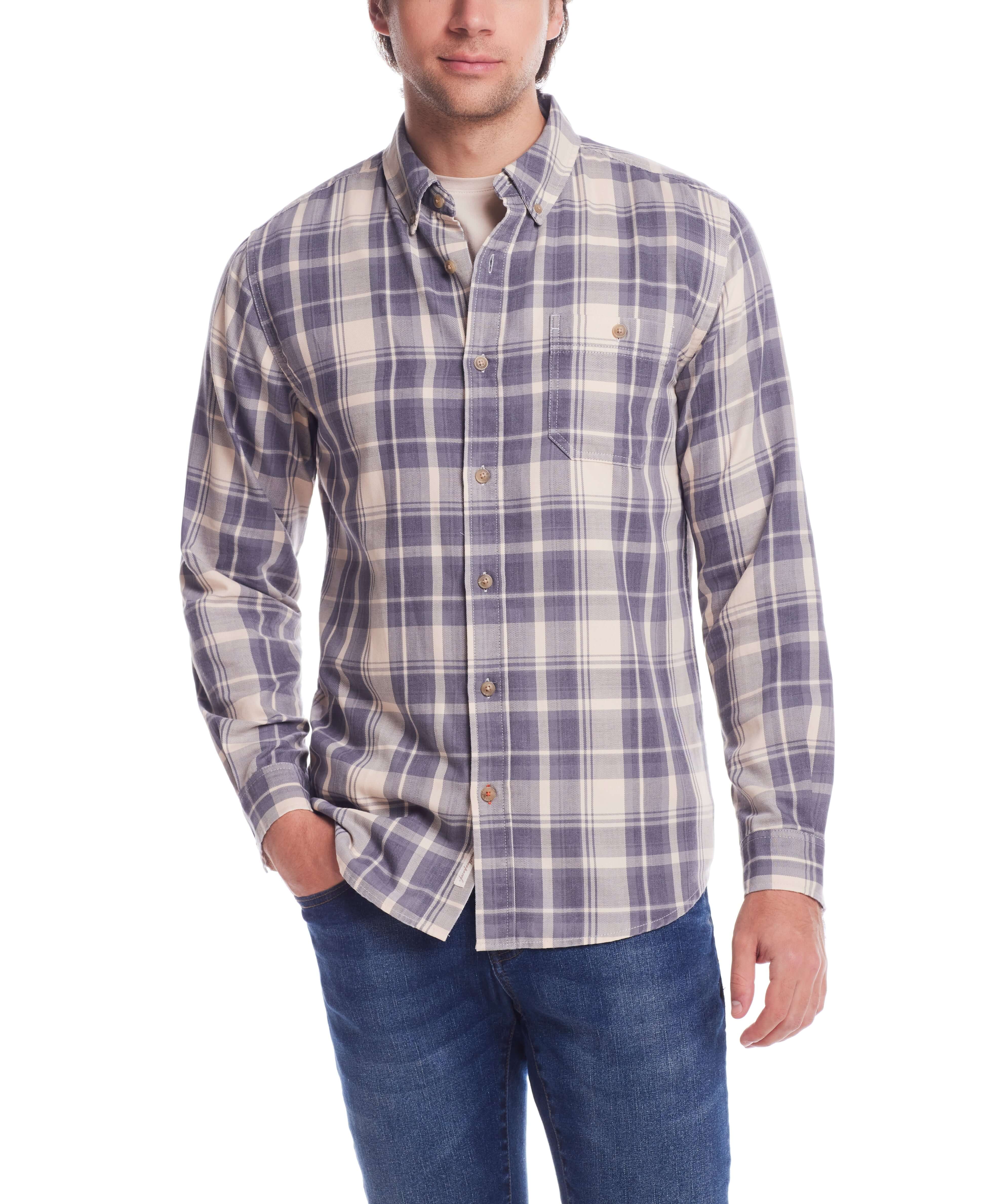 Long sleeve burnout flannel shirt in natural plaid, featuring button cuffs and chest pocket, worn by a male model.