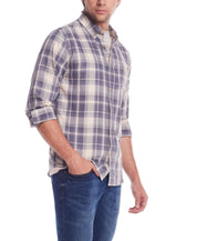 Long sleeve burnout flannel shirt in natural plaid pattern, featuring a button-down collar and classic fit for men.