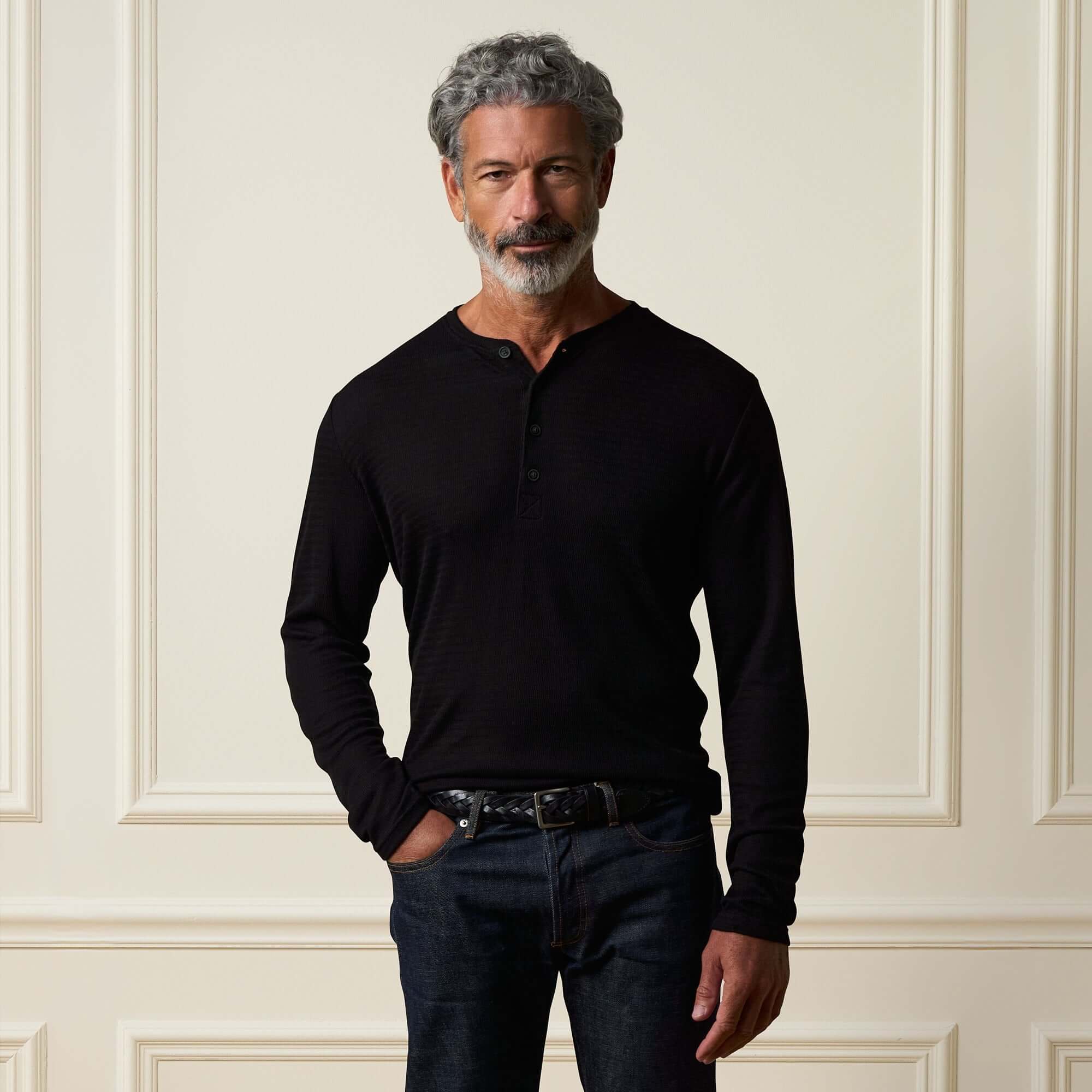 white christmas dresses Vintage & Black Men's Long-Sleeve Henley Neck T-Shirt - Black