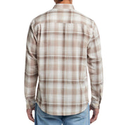 Back view of a long sleeve faux linen plaid button down shirt in natural, showcasing its classic fit and cuffed sleeves.
