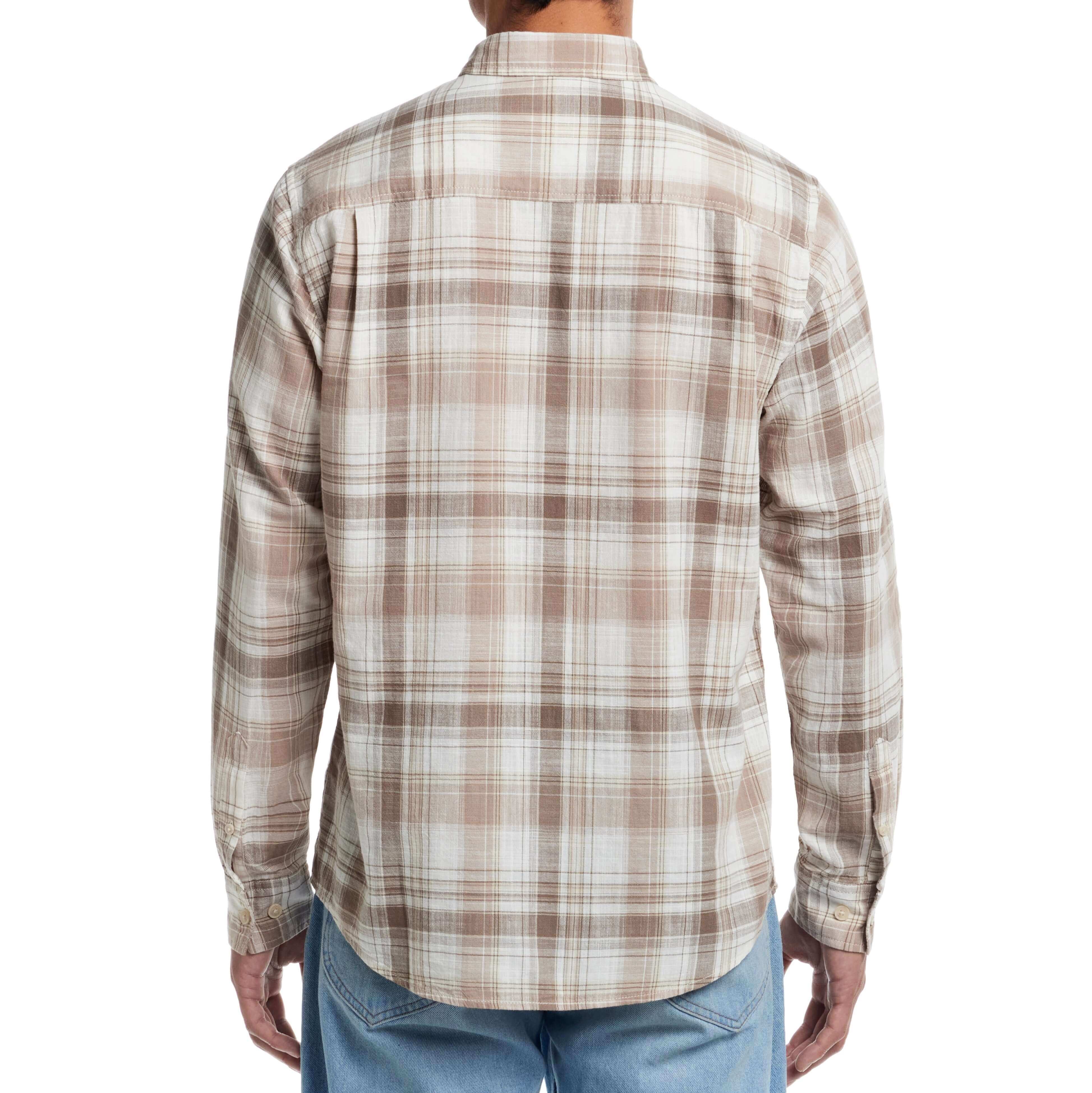 Back view of a long sleeve faux linen plaid button down shirt in natural, showcasing its classic fit and cuffed sleeves.