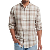 Long Sleeve faux linen plaid button down shirt in natural, made of 100% cotton, featuring a classic fit and cuffed sleeves.