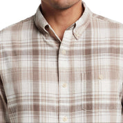 Long sleeve faux linen plaid button down shirt in natural tone, featuring a button-down collar and chest pocket.