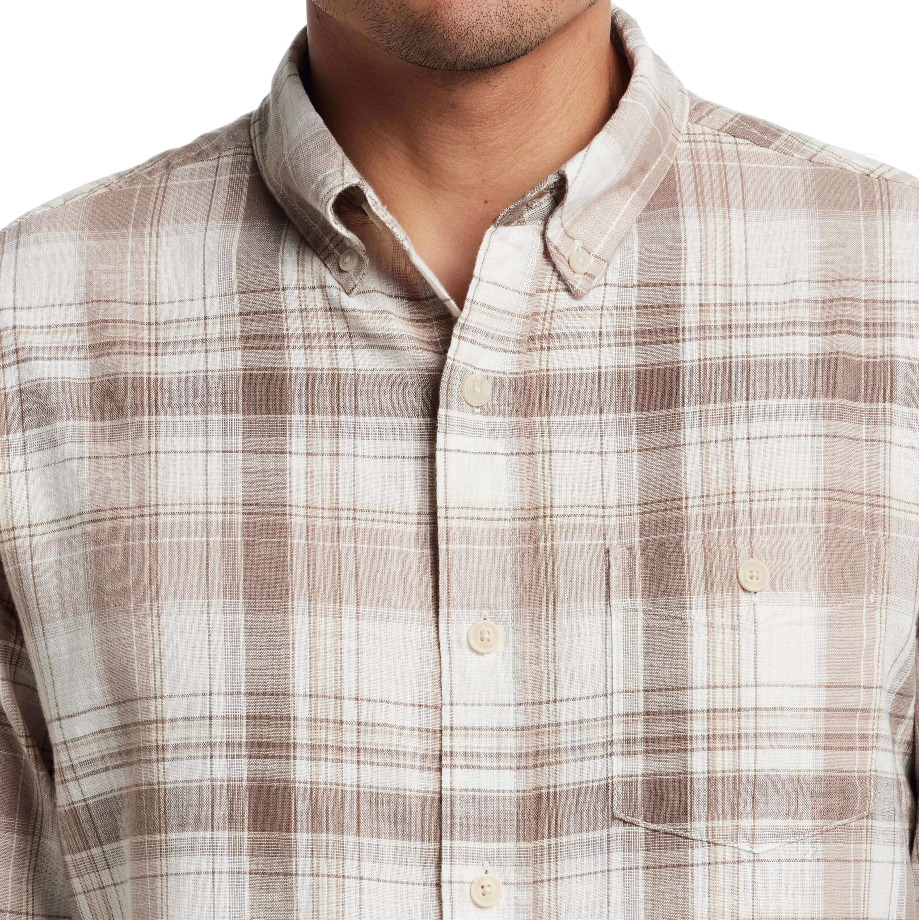 Long sleeve faux linen plaid button down shirt in natural tone, featuring a button-down collar and chest pocket.