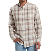 Men's long sleeve plaid button-down shirt in natural faux linen look, featuring cuffed sleeves and classic fit.